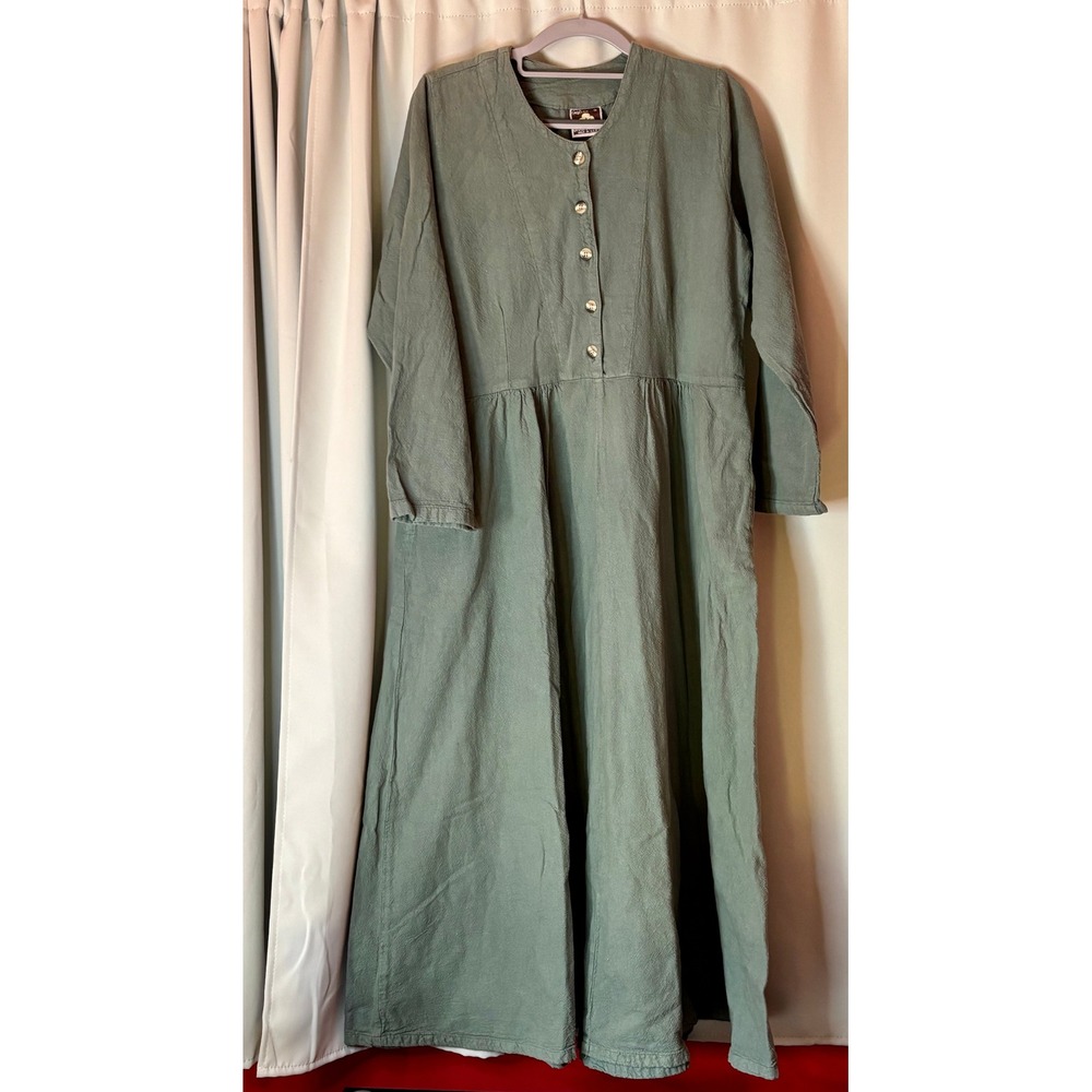 Vintage California Drawstrings Green Cotton Maxi Dress Lagenlook Modest Sm USA
